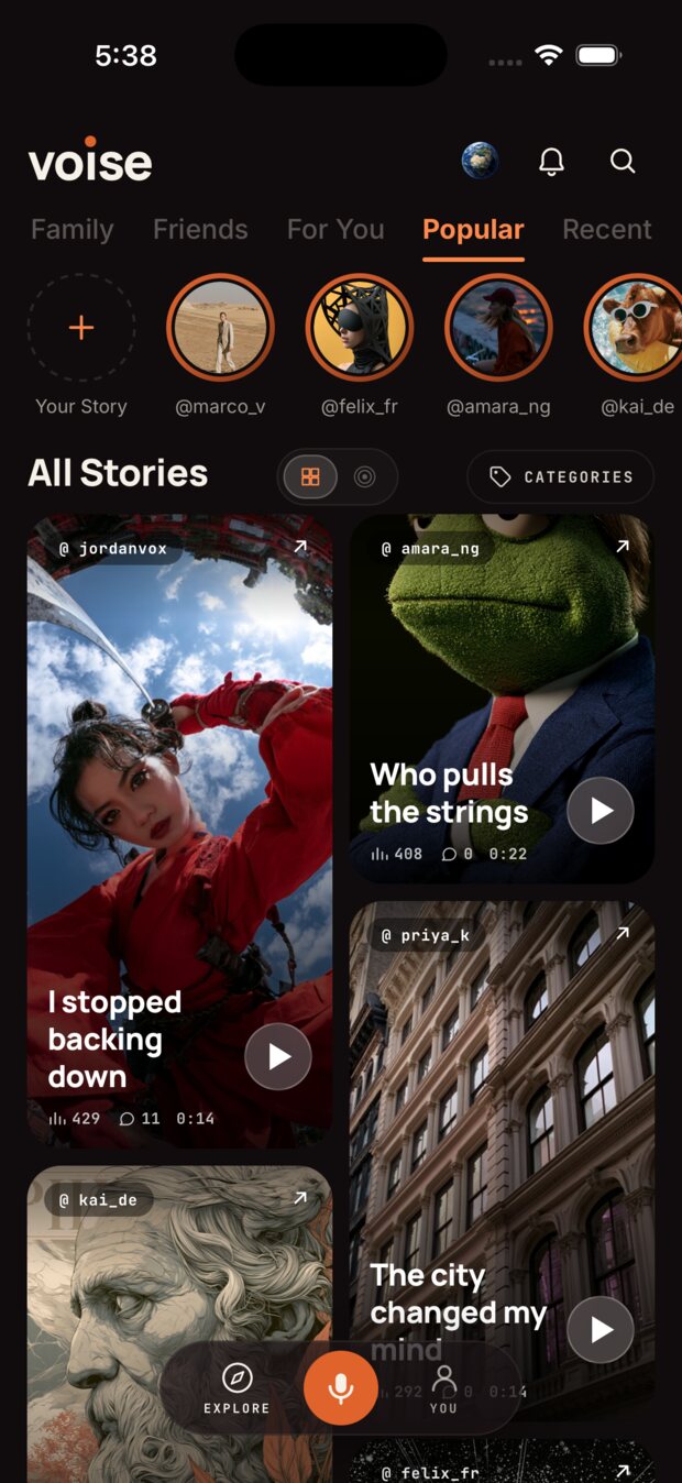 The Voise explore screen: a grid of voice stories from people around the world, each with a cover image, a title and a listen count.